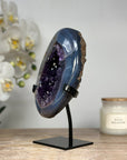 Natural Blue Banded Agate & Amethyst Geode, Metallic Stand Included - MWS1695