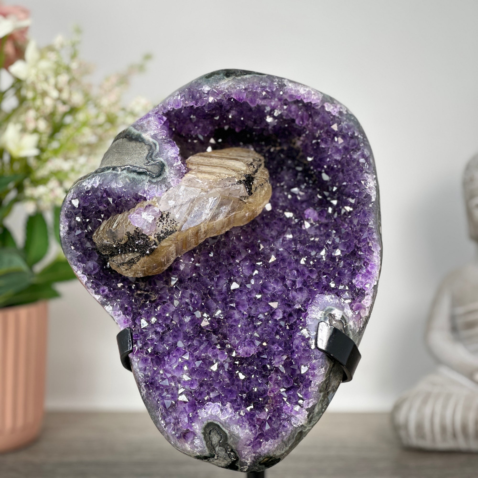 Beautiful Amethyst Stone with Big Calcite Formation, Stand Included - MWS0188