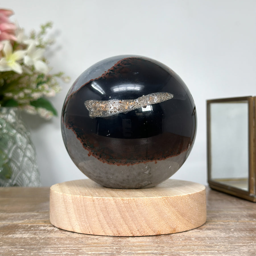 Quartz &amp; Agate Sphere with Wooden Stand with uilt-in LED Light - SPH0138