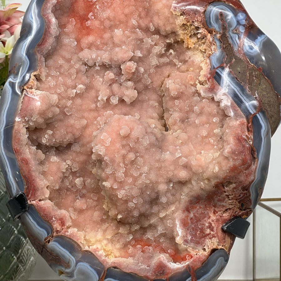 Unique Specimen, Natural Pink Sugar Druzy Geode with Blue Agate Shell - MWS0946