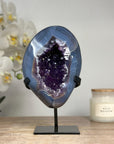 Natural Blue Banded Agate & Amethyst Geode, Metallic Stand Included - MWS1695