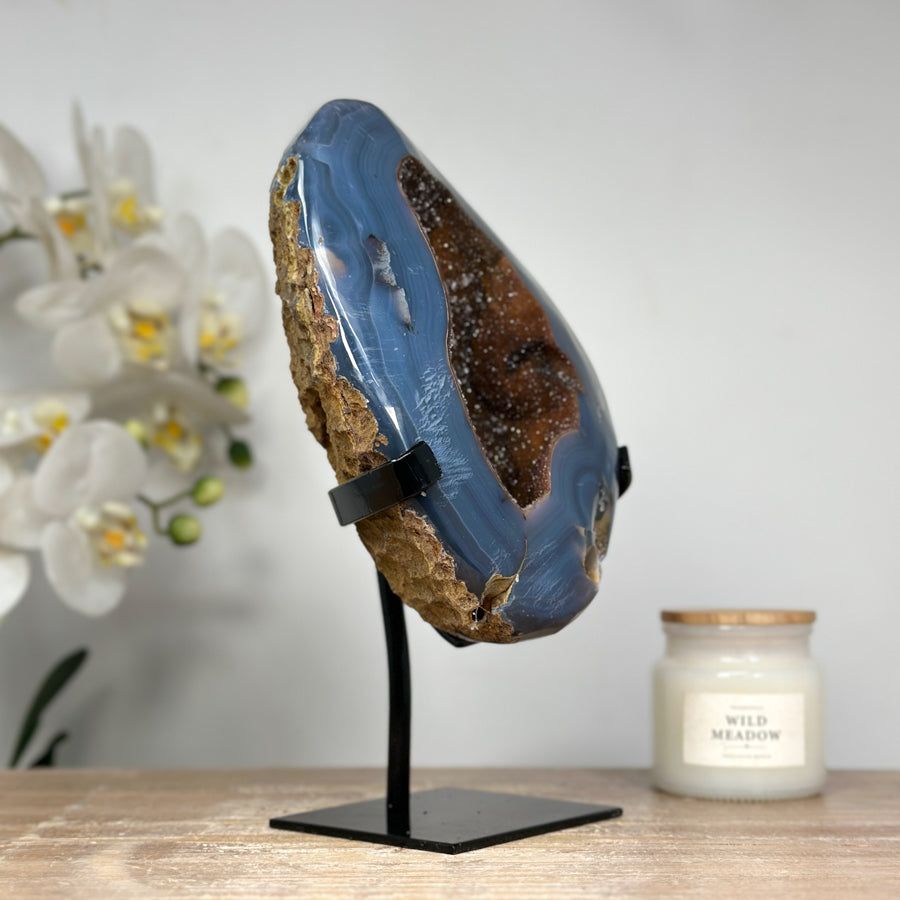 Unique Blue Banded Agate Geode with Sparkling Quartz Druzy, Metallic Stand Included - Ideal for Office Decor - MWS1633