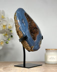 Unique Blue Banded Agate Geode with Sparkling Quartz Druzy, Metallic Stand Included - Ideal for Office Decor - MWS1633