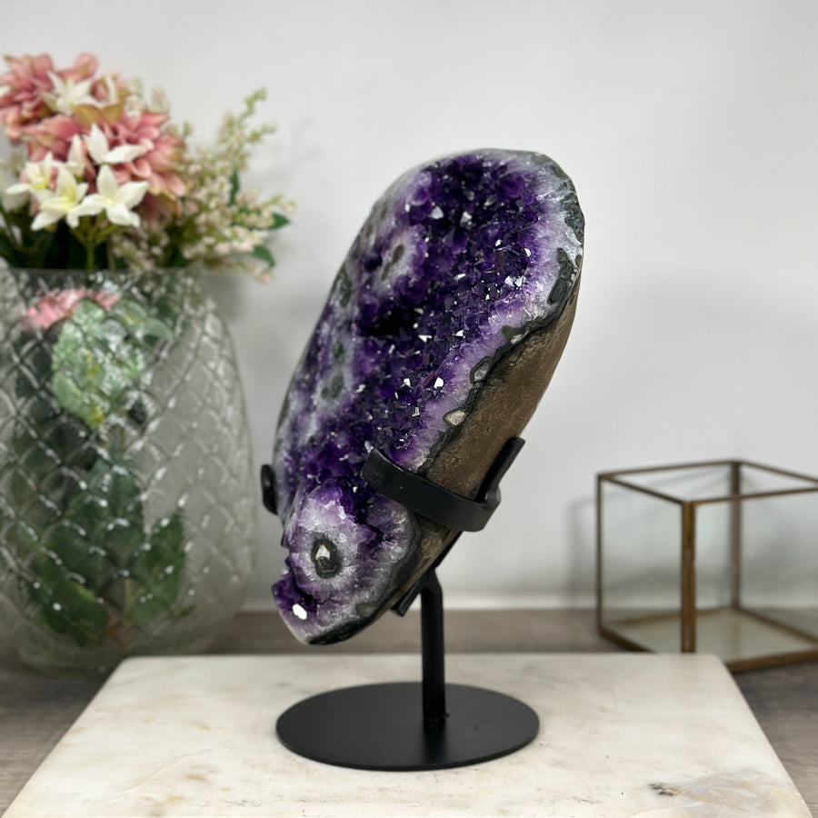 Outstanding Natural Amethyst Crystal Geode - Solid Metallic Stand Included - MWS0900