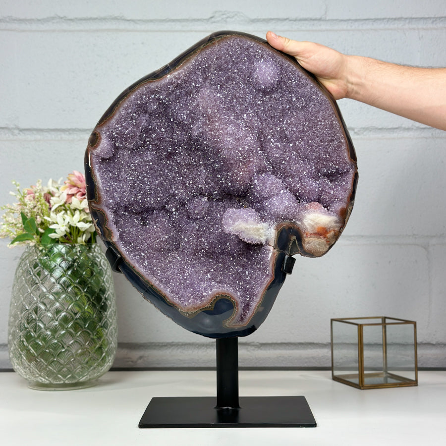 Unique XXL Lavender Amethyst Cluster with Agate Shell and Metal Stand - AWS1430