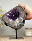 Blue Banded Agate & Amethyst Cave with Metallic Stand - MWS1575