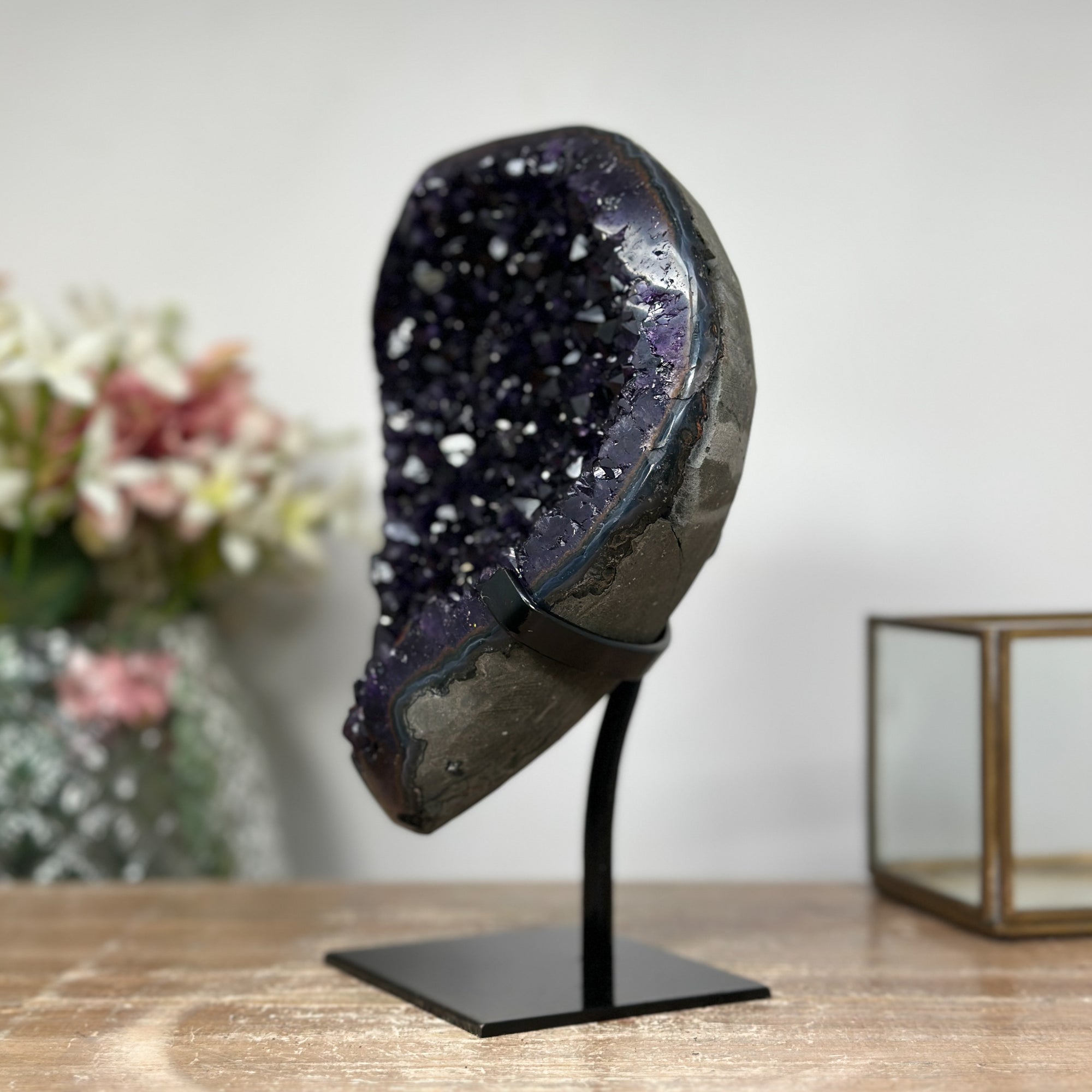 Stunning Amethyst Geode with Blue banded Agate Shell, Great for Spiritual Growth and Balance - MWS0957