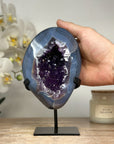 Natural Blue Banded Agate & Amethyst Geode, Metallic Stand Included - MWS1695