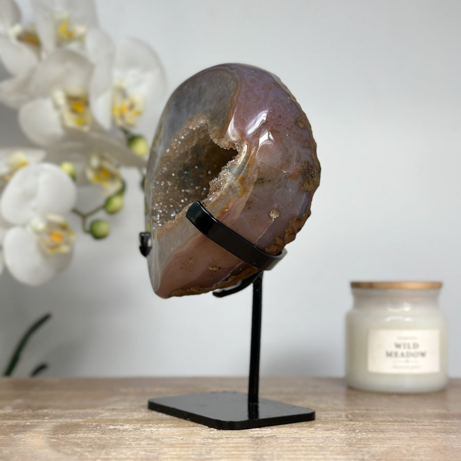 Quartz, Agate &amp; Yellow Druzy Geode, Metal Stand Included - MWS1511