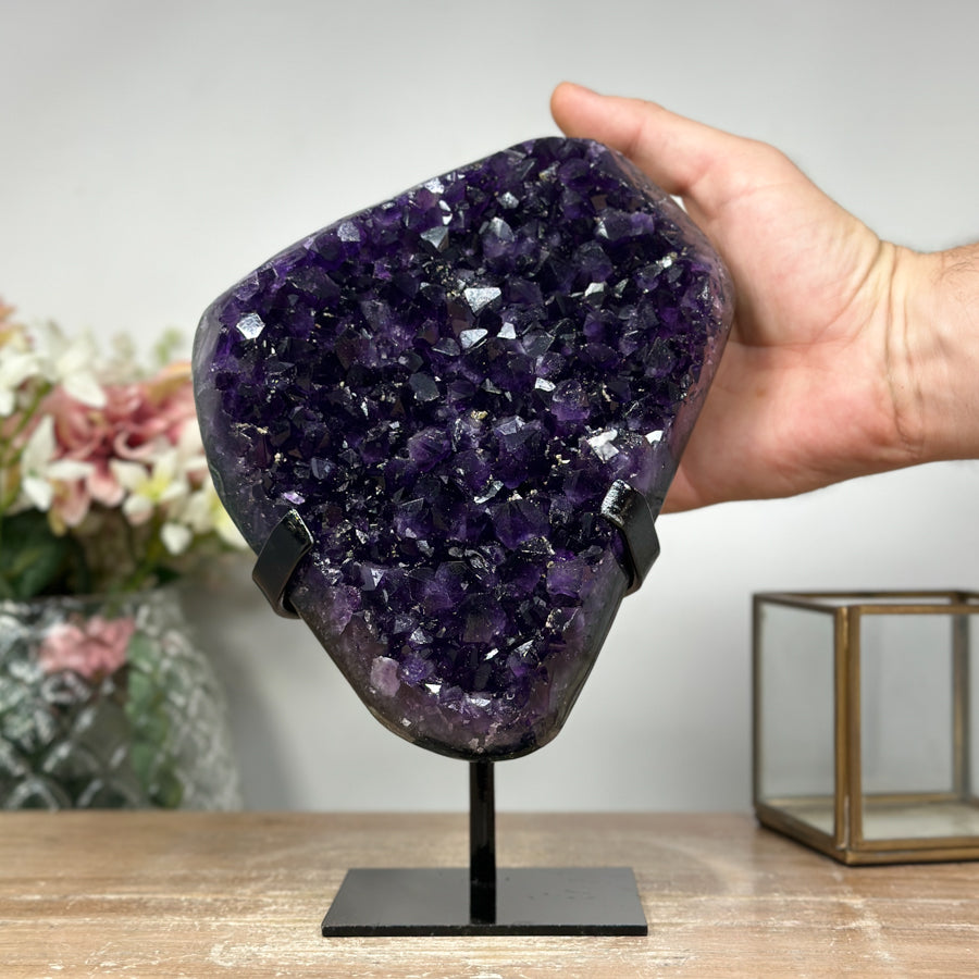 Natural Amethyst Specimen, Deep Purple Crystals, Metallic Stand Included - MWS0943