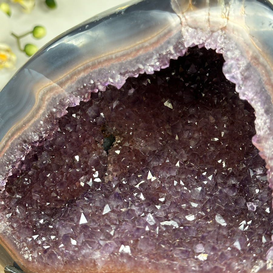 Stunning Amethyst Geode with Blue Banded Agate Shell, Metallic Stand - Perfect Meditation Spaces - MWS1634