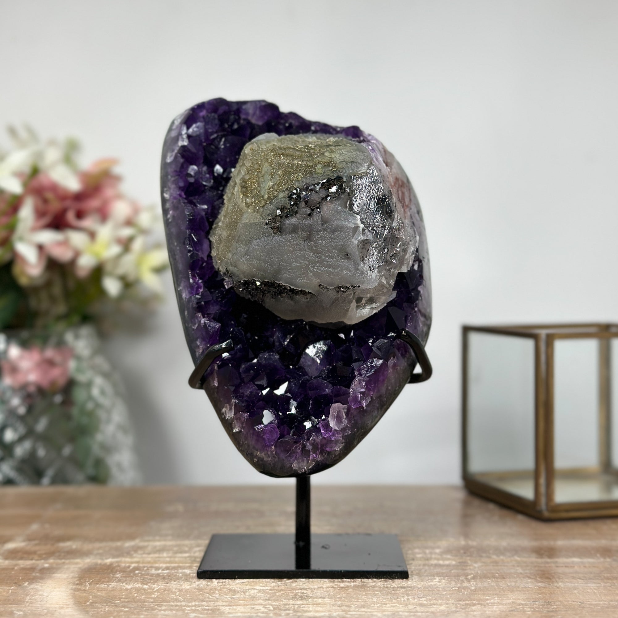 Outstanding Natural Amethyst Cluster with Huge Calcite Crystal, Great Addition to Your Crystal Collection - MWS0952