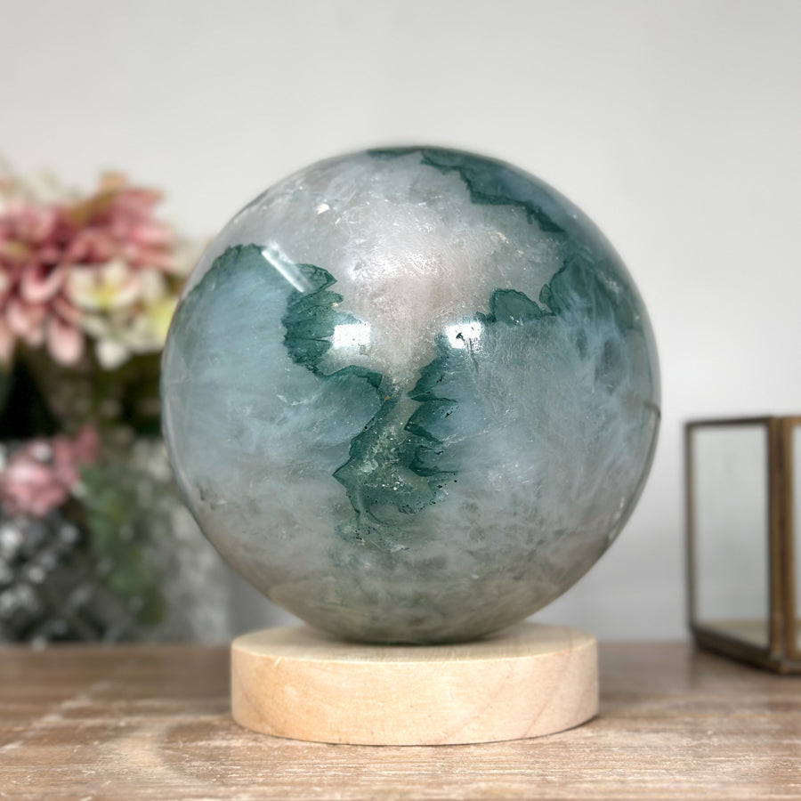 XXL Natural Green Quartz Sphere with Wooden Stand with uilt-in LED Light - SPH0144