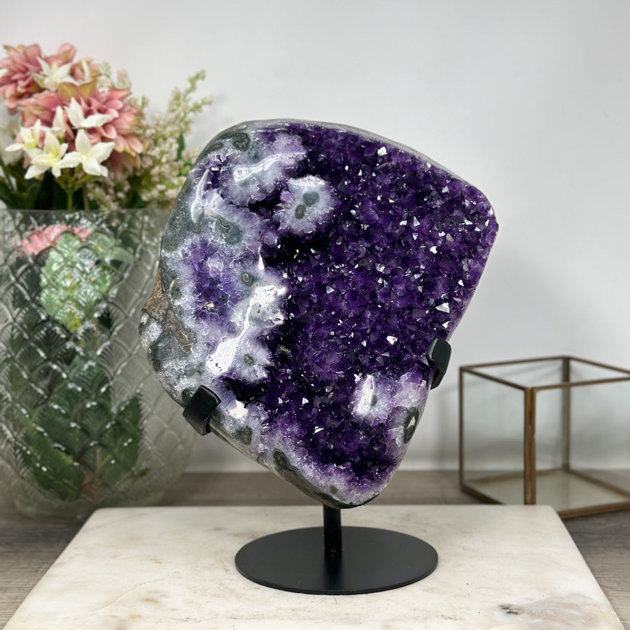 Outstanding Natural Amethyst Crystal Geode - Solid Metallic Stand Included - MWS0900