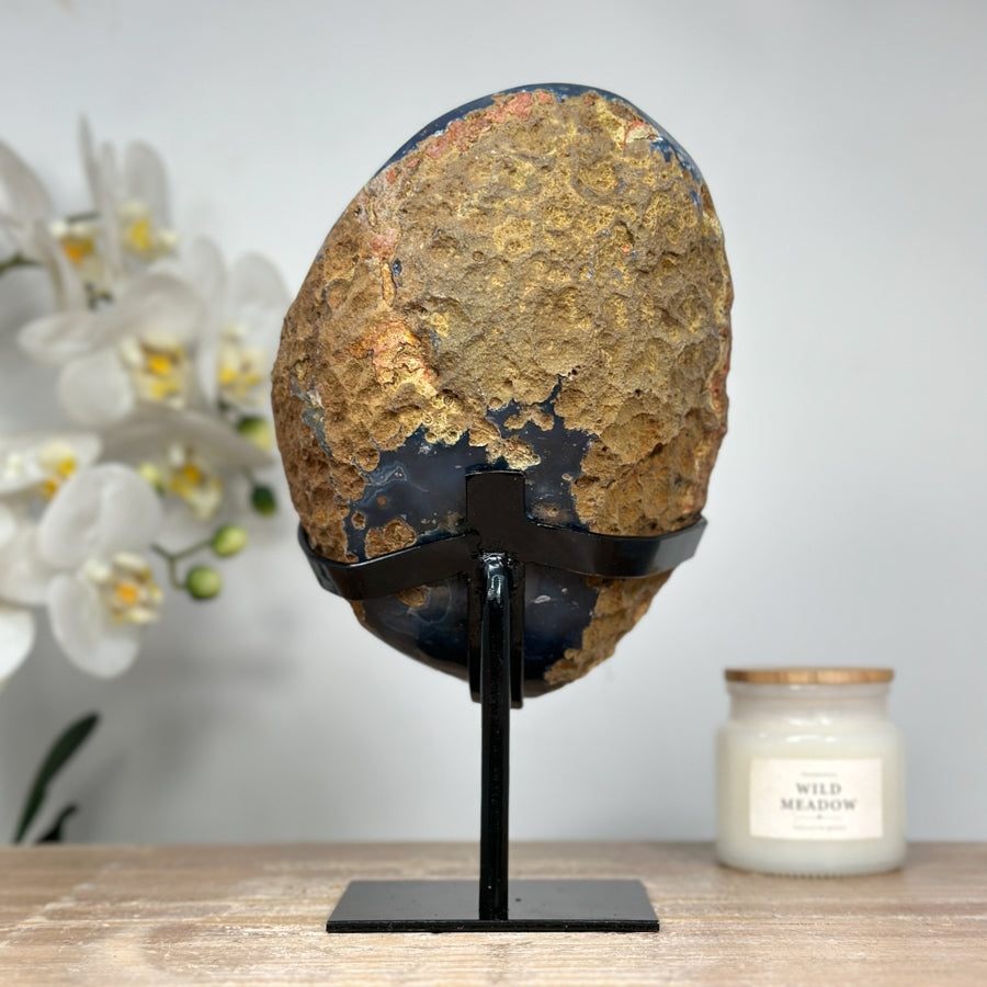 Unique Blue Banded Agate Geode with Sparkling Quartz Druzy, Metallic Stand Included - Ideal for Office Decor - MWS1633