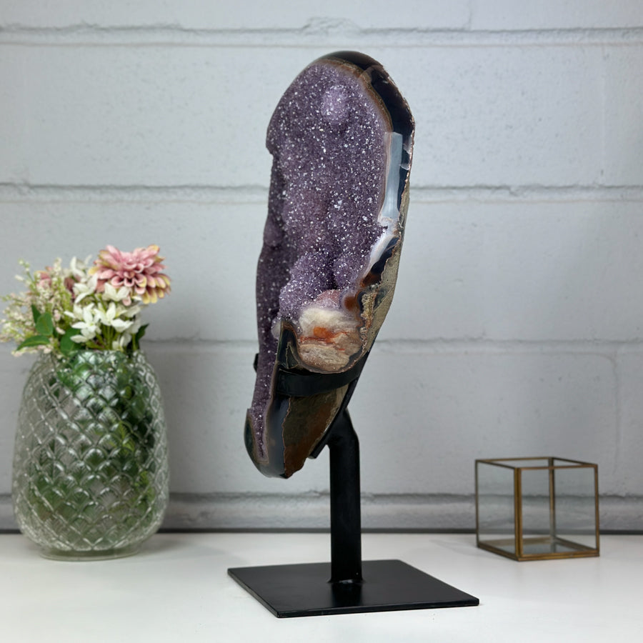 Unique XXL Lavender Amethyst Cluster with Agate Shell and Metal Stand - AWS1430