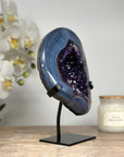 Natural Blue Banded Agate & Amethyst Geode, Metallic Stand Included - MWS1695