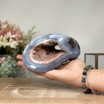 Stunning Blue Banded Agate & Pink Amethyst Stone Geode: A Captivating Decor Accent - AMGE0165