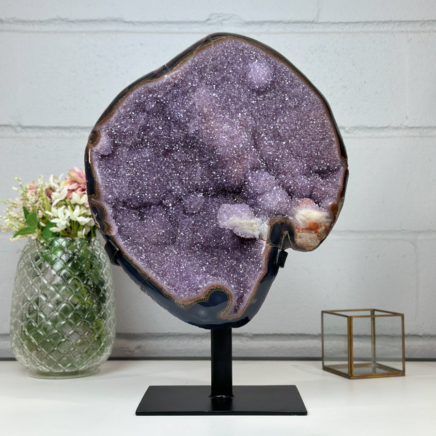 Unique XXL Lavender Amethyst Cluster with Agate Shell and Metal Stand - AWS1430