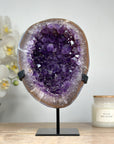 Stunning Natural Amethyst Geode with Deep Purple Crystals, Metallic Stand - Perfect for Meditation or Elegant Home Display - MWS1632