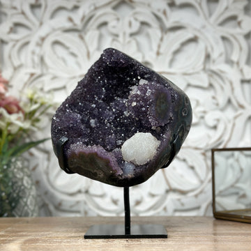 Natural Amethyst Specimen, Deep Purple Crystals, Metallic Stand Included - MWS1010