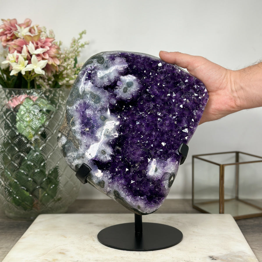 Outstanding Natural Amethyst Crystal Geode - Solid Metallic Stand Included - MWS0900