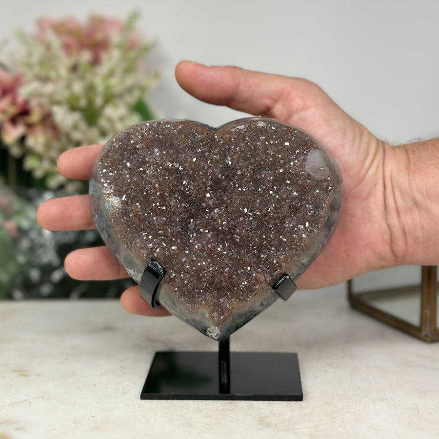 Natural Sugar Quartz Druzy Crystals Stone Heart Carving - HST0185