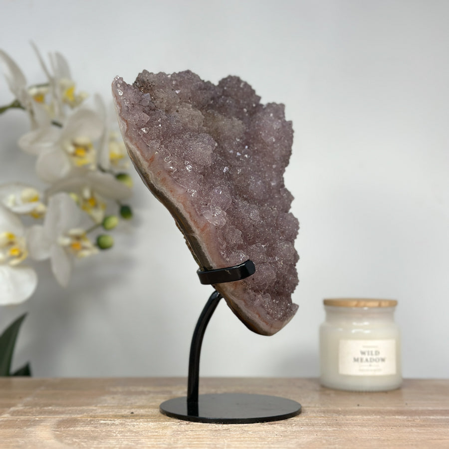 Pink Tone Amethyst Specimen with Sugar Druzy Quartz Crystals on Top - MWS1374