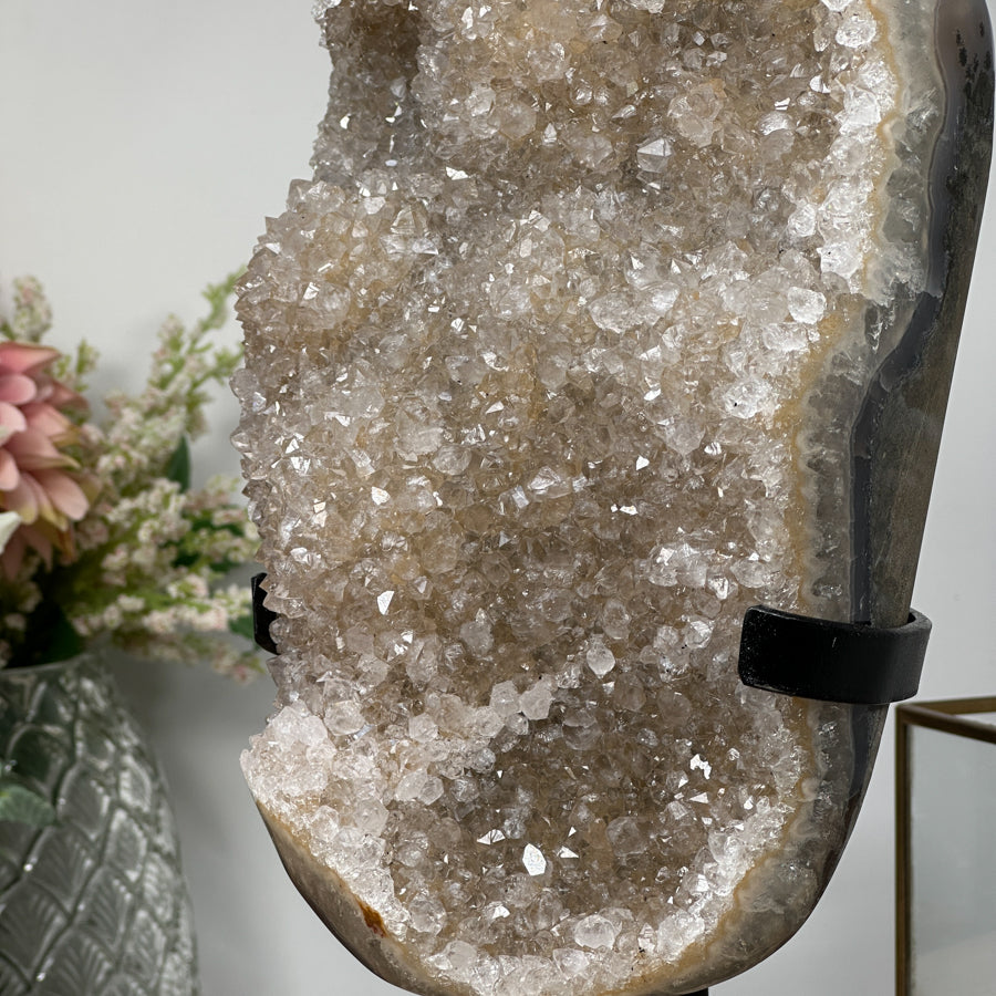 Gorgeous Natural Druzy Quartz Geode on Metal Stand - Sparkling Home Decor - MWS0893