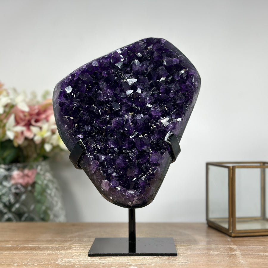 Natural Amethyst Specimen, Deep Purple Crystals, Metallic Stand Included - MWS0943