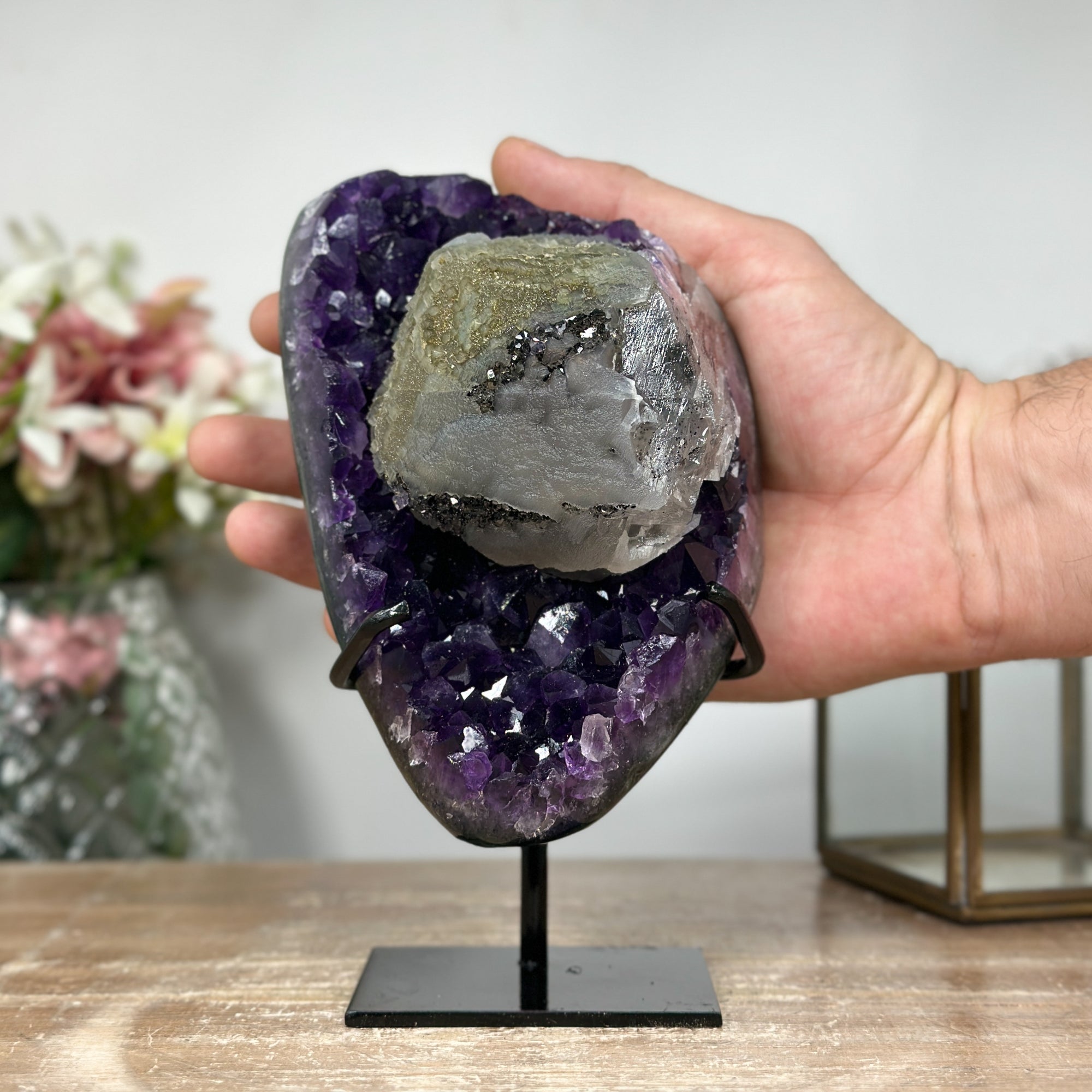 Outstanding Natural Amethyst Cluster with Huge Calcite Crystal, Great Addition to Your Crystal Collection - MWS0952