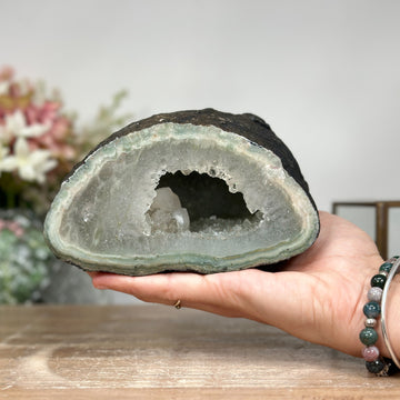 Natural Quartz & Green Jasper Stone Geode: A Tranquil Addition for Harmony and Decor - AMGE0171