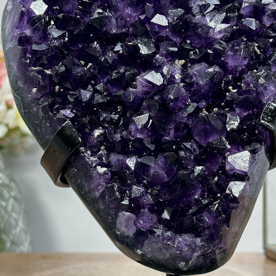 Natural Amethyst Specimen, Deep Purple Crystals, Metallic Stand Included - MWS0943