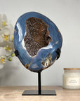 Unique Blue Banded Agate Geode with Sparkling Quartz Druzy, Metallic Stand Included - Ideal for Office Decor - MWS1633