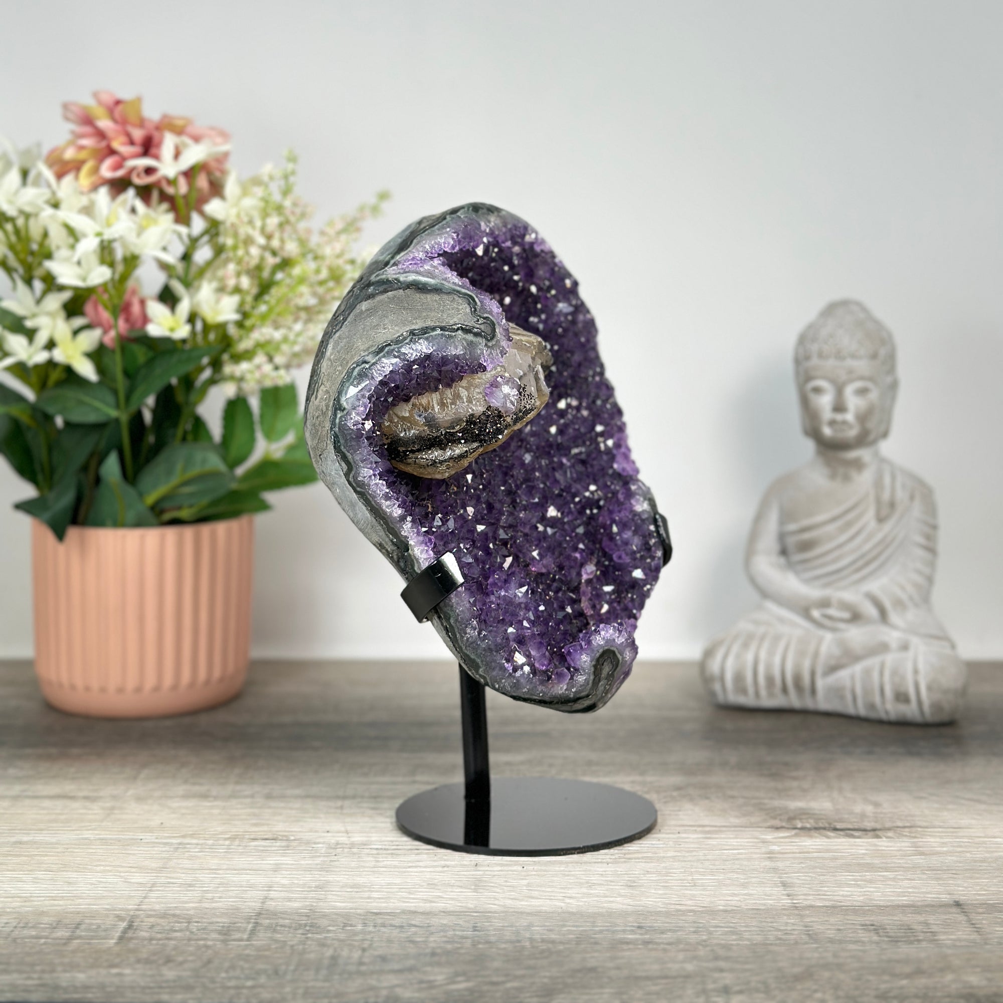 Beautiful Amethyst Stone with Big Calcite Formation, Stand Included - MWS0188