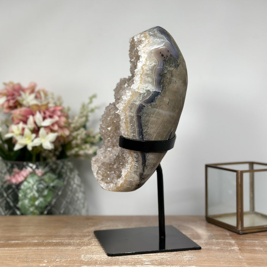 Gorgeous Natural Druzy Quartz Geode on Metal Stand - Sparkling Home Decor - MWS0893