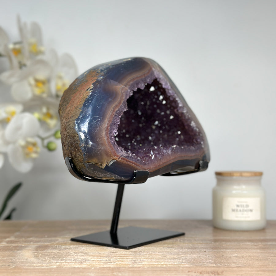 Stunning Amethyst Geode with Blue Banded Agate Shell, Metallic Stand - Perfect Meditation Spaces - MWS1634