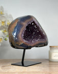 Stunning Amethyst Geode with Blue Banded Agate Shell, Metallic Stand - Perfect Meditation Spaces - MWS1634