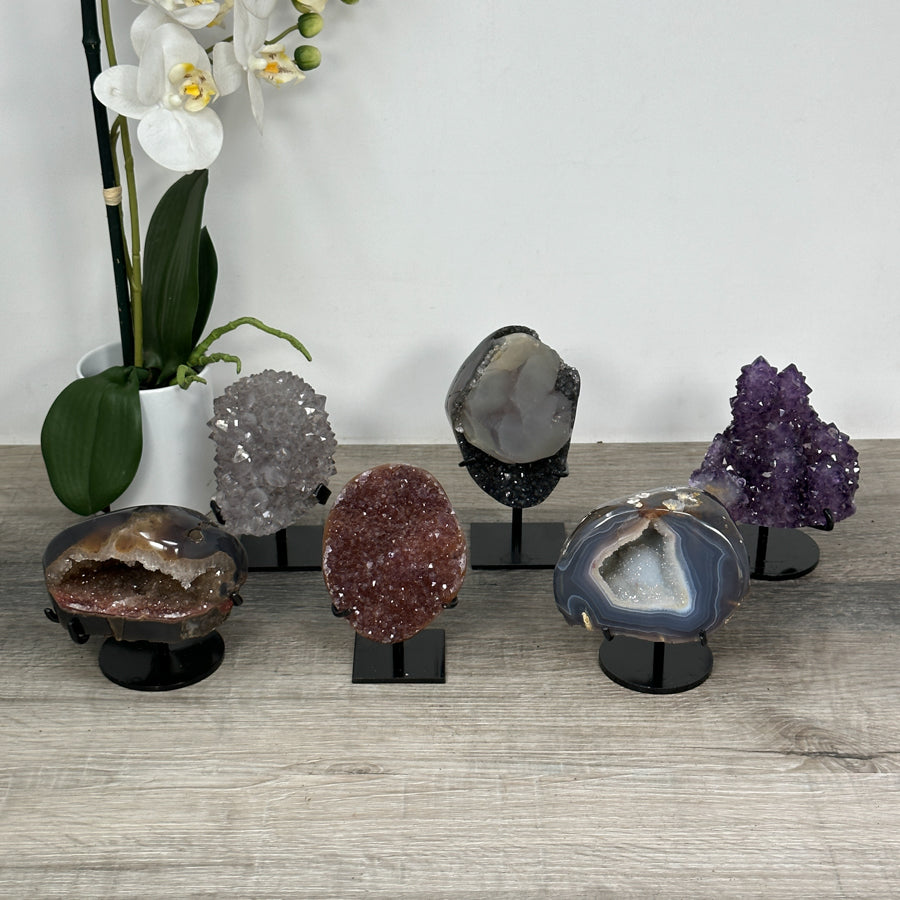 Lot of Crystal Formations on Metal Stands – Hand-Polished Minerals for Wholesalers and Collectors
