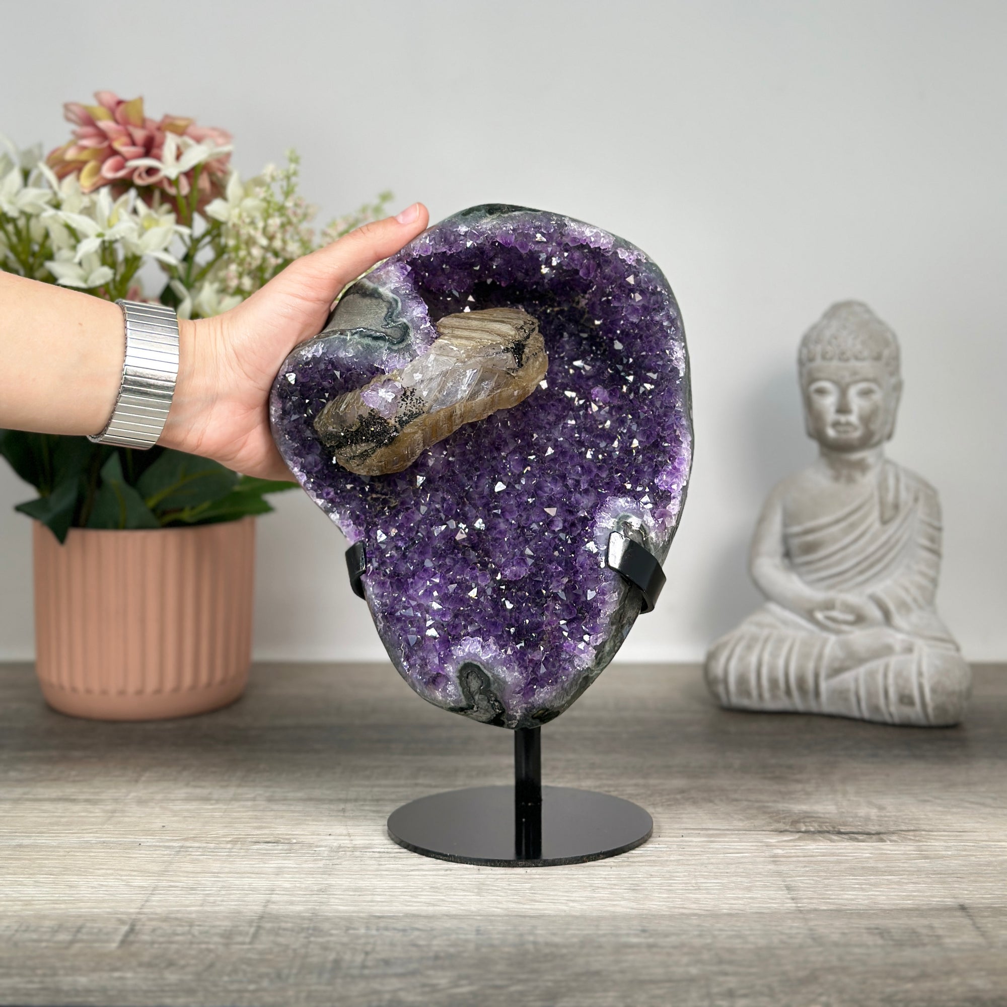 Beautiful Amethyst Stone with Big Calcite Formation, Stand Included - MWS0188