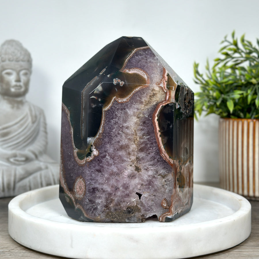 Beautiful Natural Amethyst &amp; Agate Stone Tower Geode with Large Calcite Crystal Formation  - STP0161