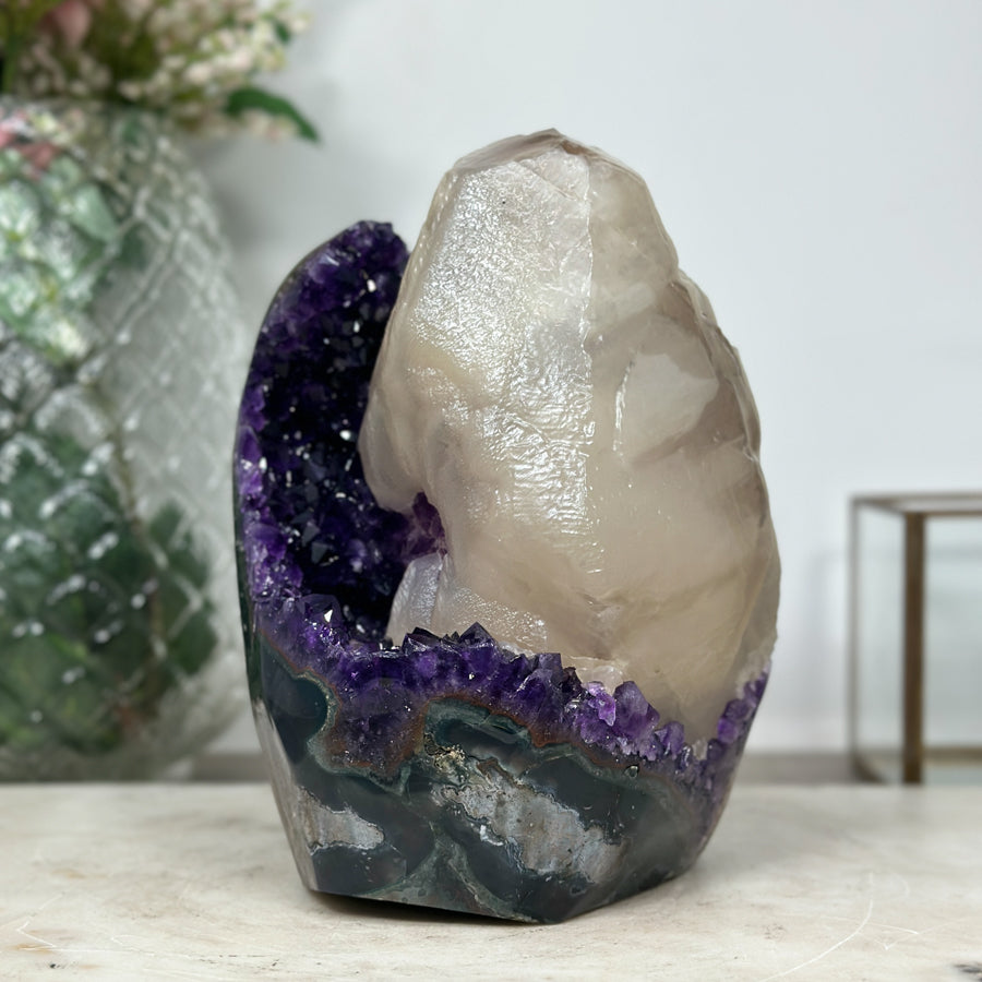 Huge Natural Calcite Spcimen on A Grade Amethyst Cluster - CBP1069