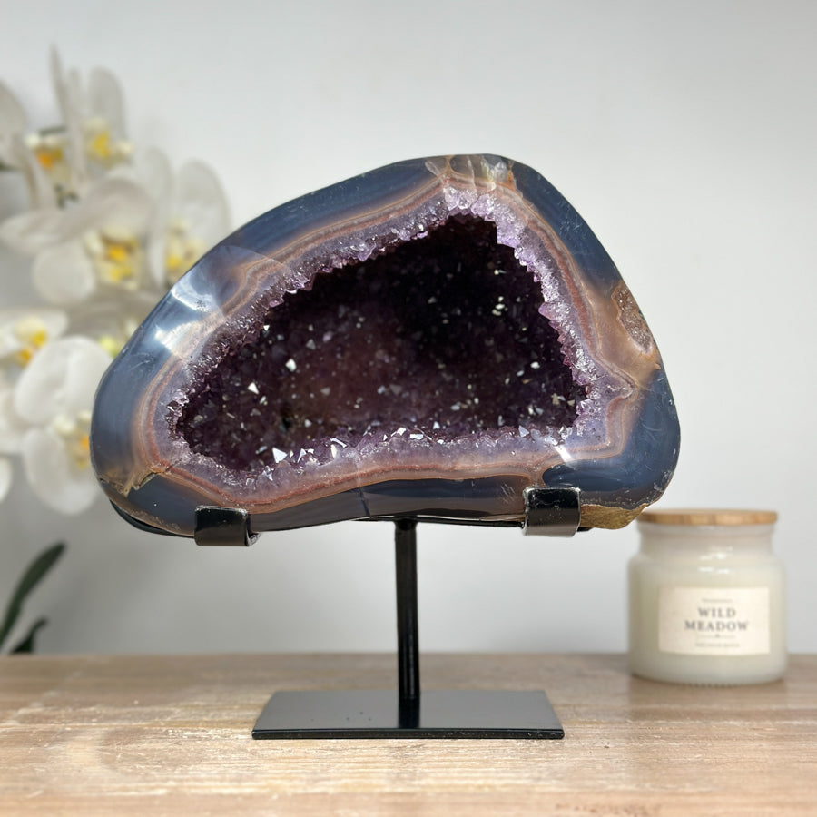 Stunning Amethyst Geode with Blue Banded Agate Shell, Metallic Stand - Perfect Meditation Spaces - MWS1634