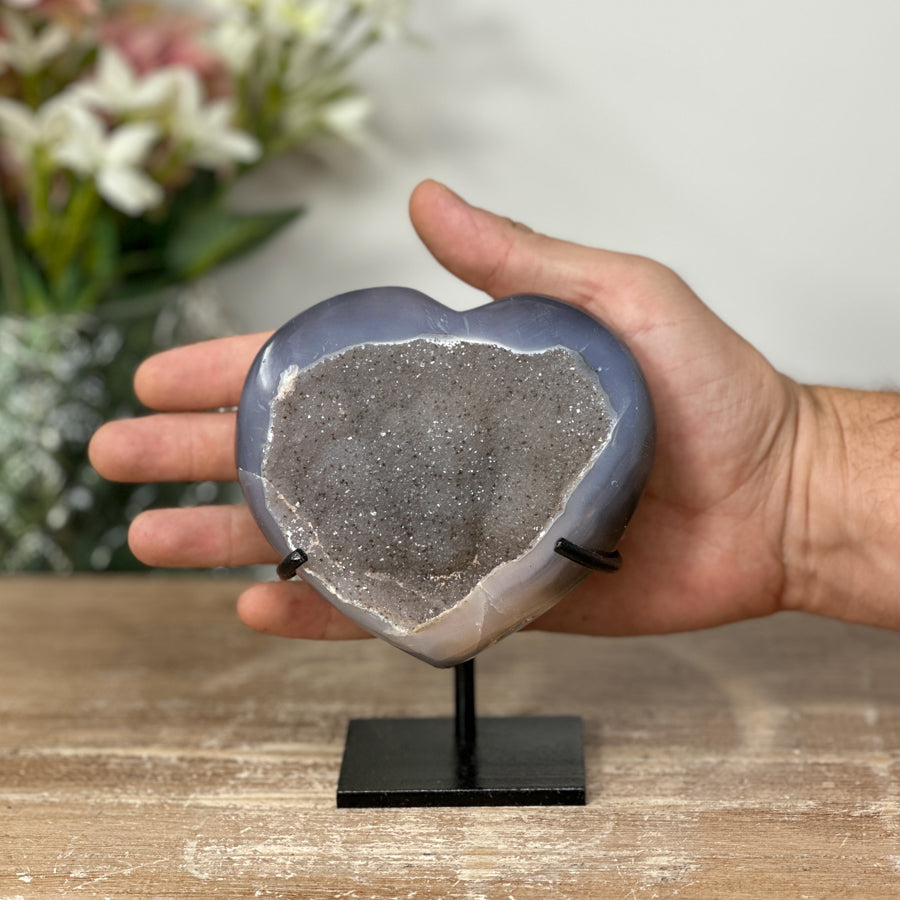 Natural Blue agate &amp; Quartz Stone Heart with Stand - HST0178