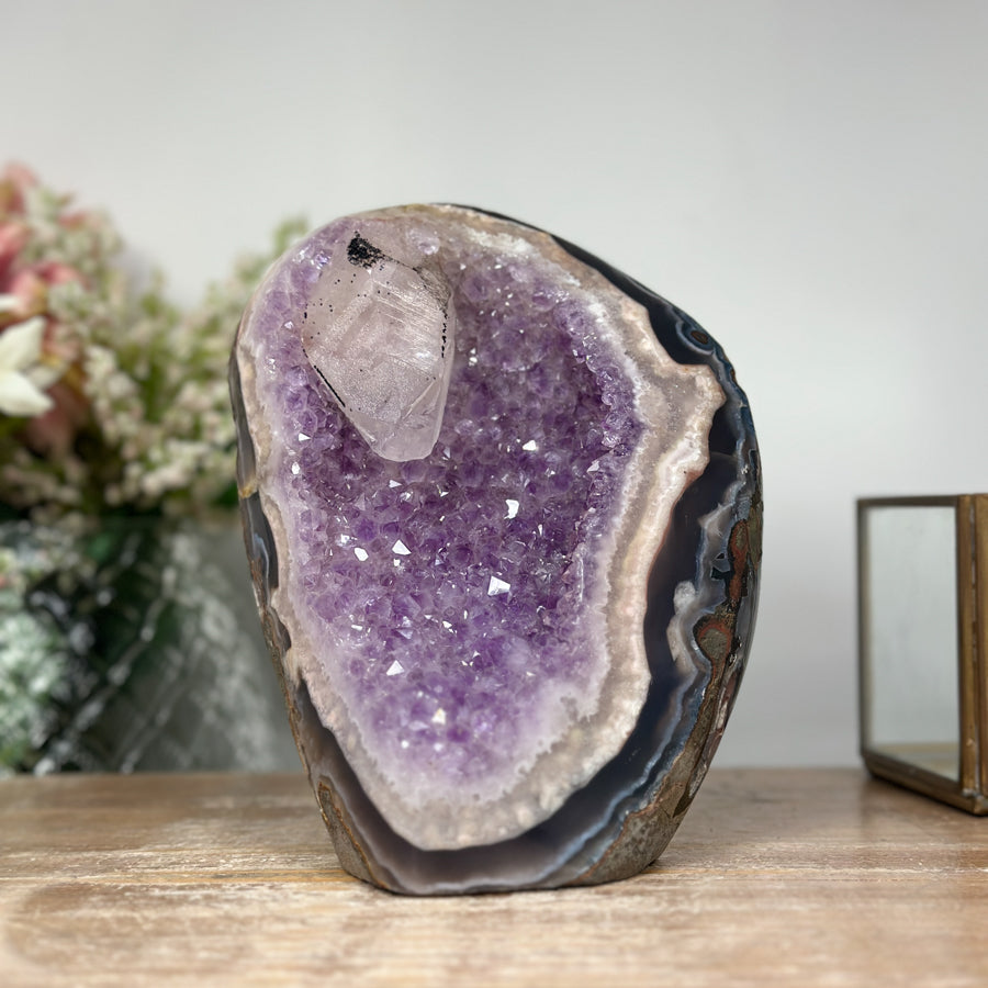 Unique Amethyst Geode, Calcite Crystal, Agate &amp; Jasper Shell - CBP0412