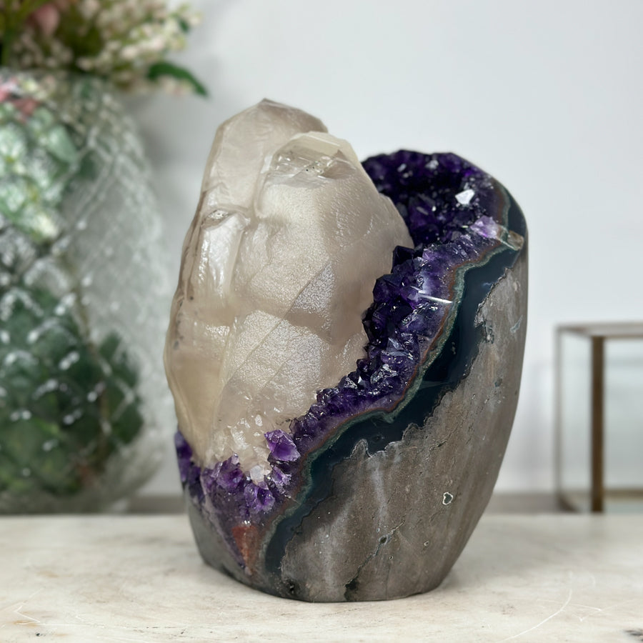 Huge Natural Calcite Spcimen on A Grade Amethyst Cluster - CBP1069