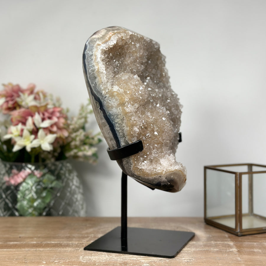 Gorgeous Natural Druzy Quartz Geode on Metal Stand - Sparkling Home Decor - MWS0893