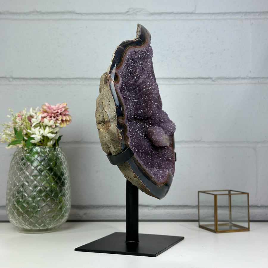 Unique XXL Lavender Amethyst Cluster with Agate Shell and Metal Stand - AWS1430