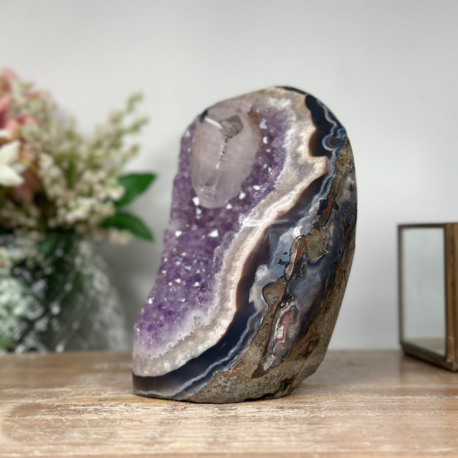 Unique Amethyst Geode, Calcite Crystal, Agate &amp; Jasper Shell - CBP0412