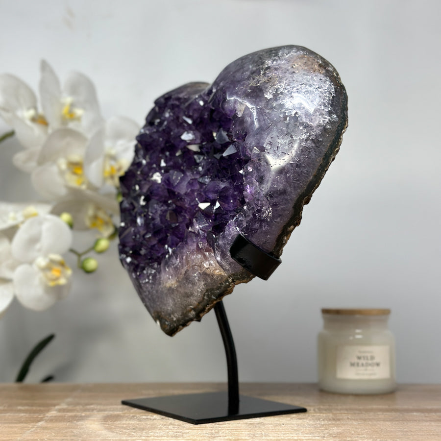 Natural Uruguayan Amethyst Heart Carving with Metal Stand - HST0233